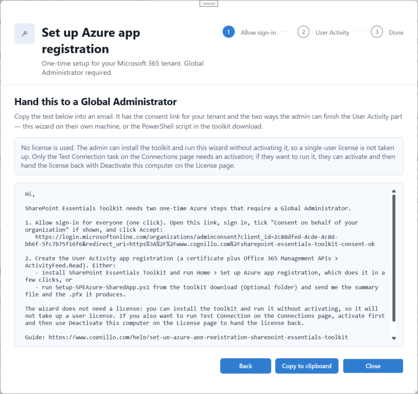 Global Administrator hand-off screen with the generated email and Copy to clipboard button