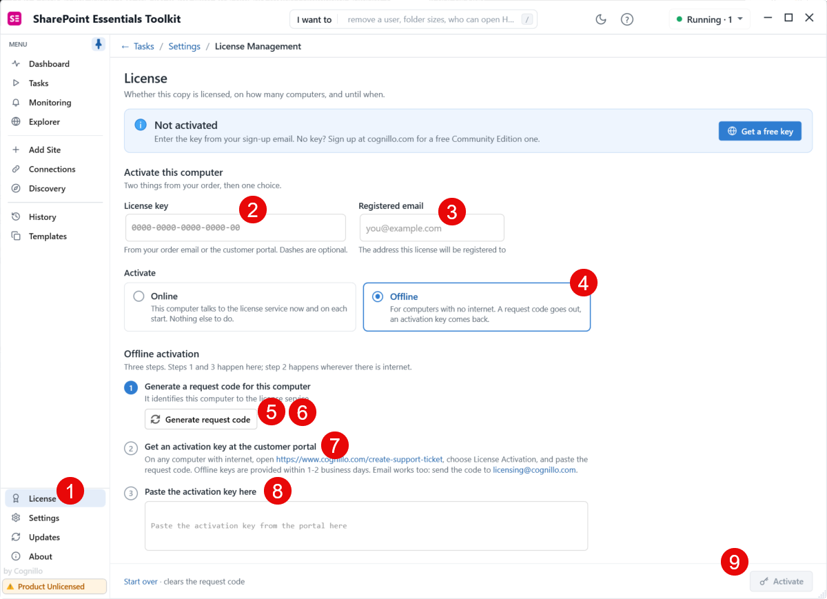 SharePoint Essentials Toolkit 2027 License page showing the license key, registered email, Offline selection, request-code button and activation-key field