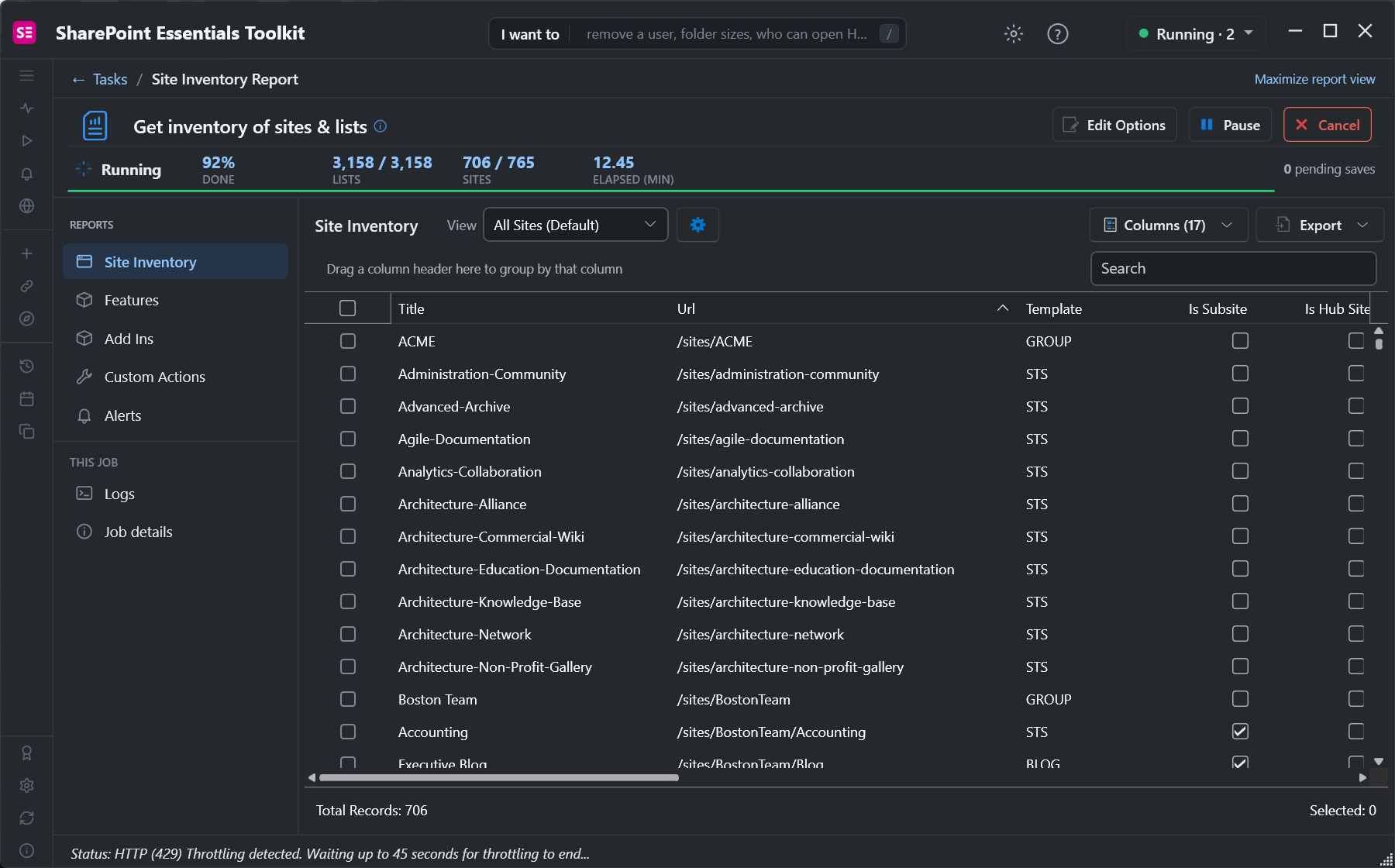Site inventory running at 92 percent, 706 of 765 sites, with the status bar showing HTTP (429) Throttling detected, waiting up to 45 seconds for throttling to end