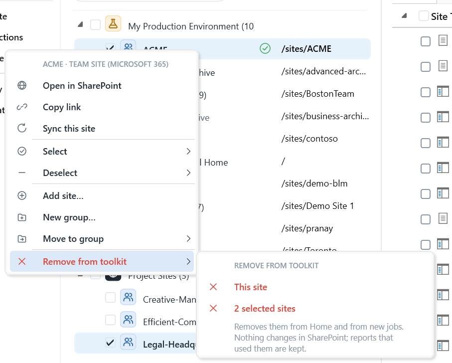 Site right-click menu with Move to group and Remove from toolkit for this site or selected sites