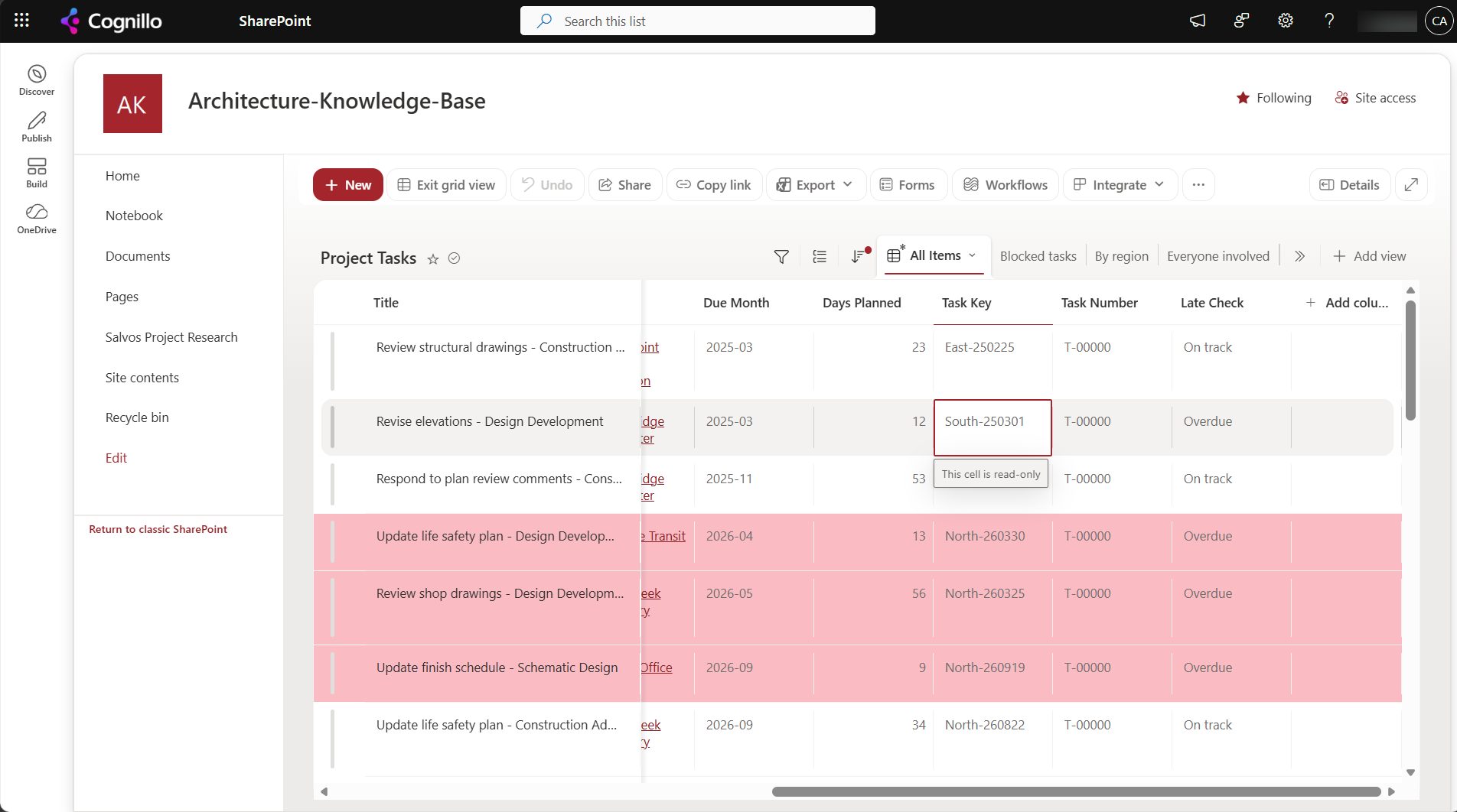 Grid view with the Task Key calculated cell selected and a tooltip saying This cell is read-only
