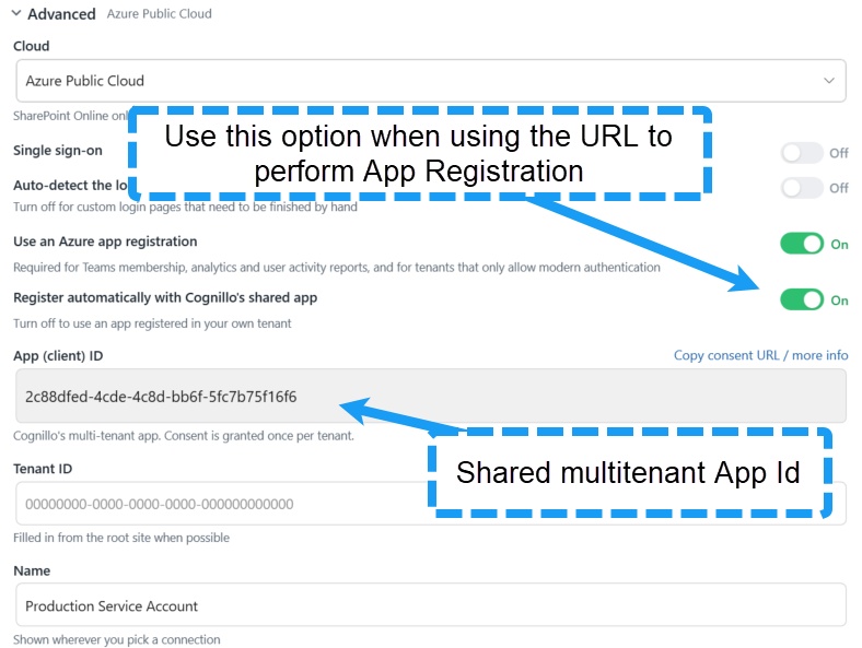 2027 connection settings with Cognillo's shared app enabled, App client ID and Tenant ID