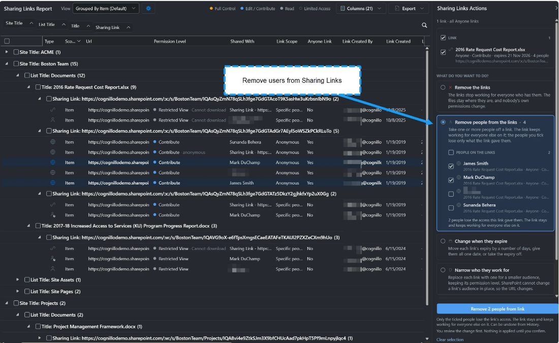 SharePoint Essentials Toolkit current Sharing Links Report showing grouped files and links, permission levels, link scope, and sharing-link actions