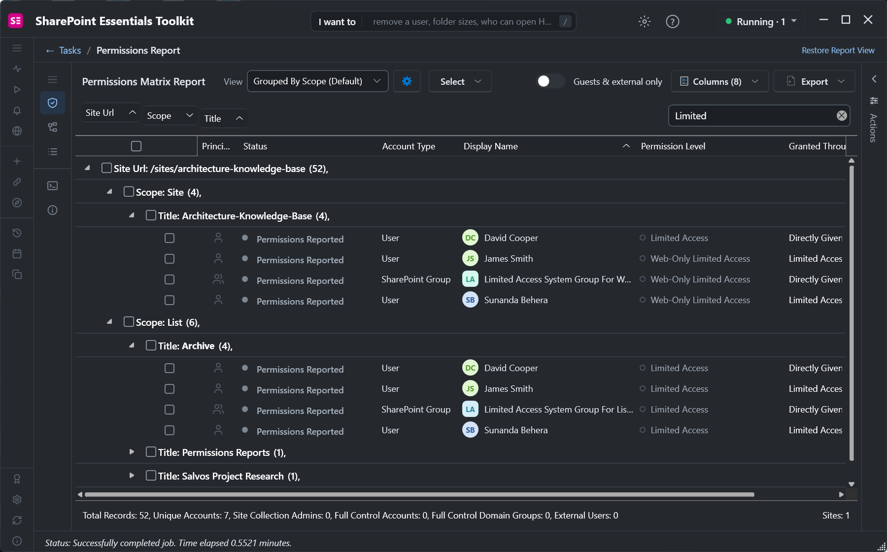 Permissions report filtered to Limited: site scope and Archive library scope with Limited Access and Web-Only Limited Access entries