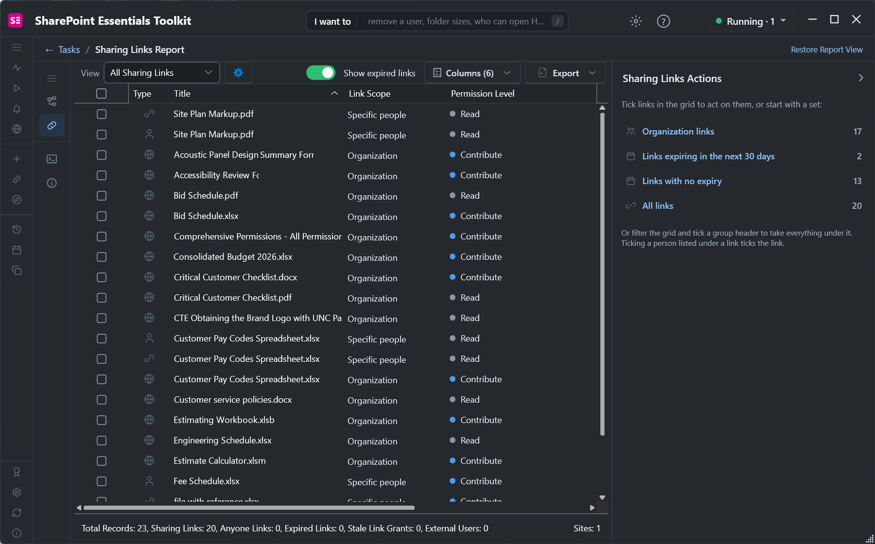Sharing Links Actions panel with quick selections: organization links, links expiring in the next 30 days, links with no expiry, all links