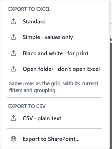 Report export menu with Simple · values only