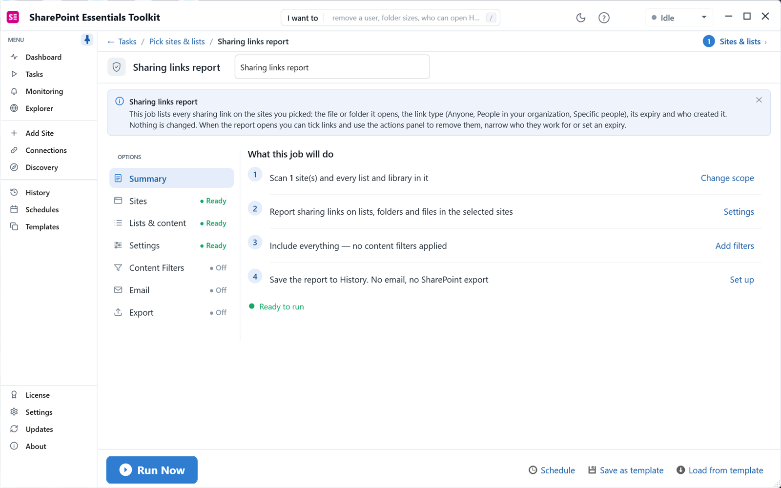 Sharing links report options summary in SharePoint Essentials Toolkit