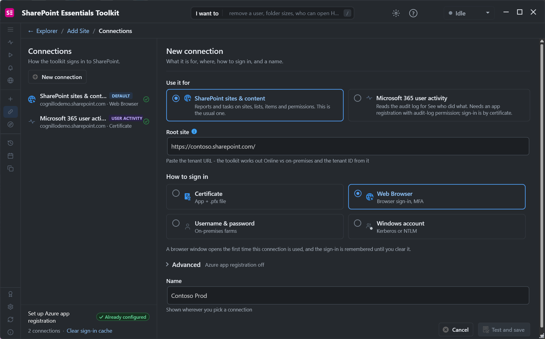 SharePoint Essentials Toolkit New connection: use it for SharePoint sites and content, root site URL, sign in with Certificate, Web Browser (browser sign-in, MFA), Username and password (on-premises), or Windows account
