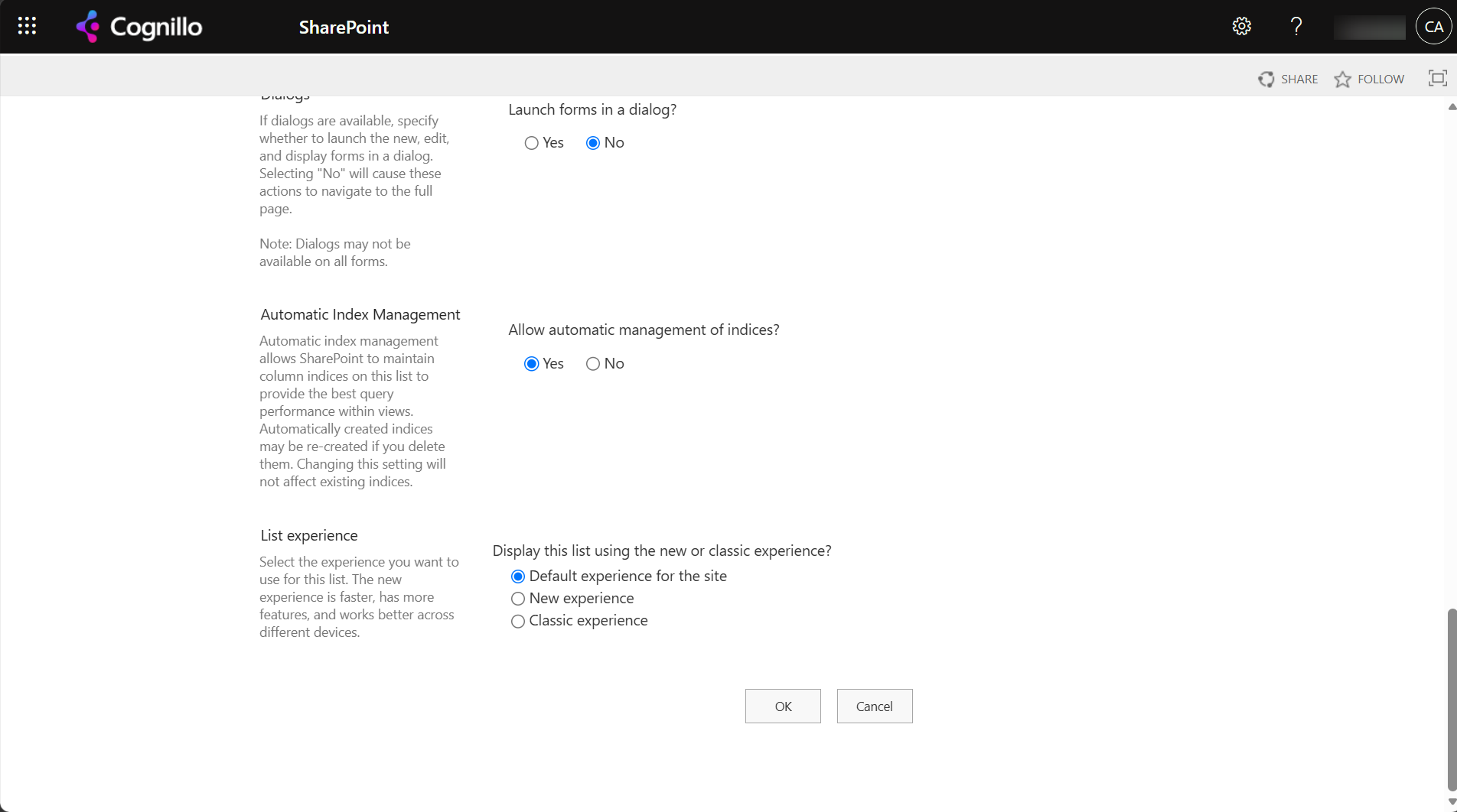 Advanced settings: Allow automatic management of indices? Yes