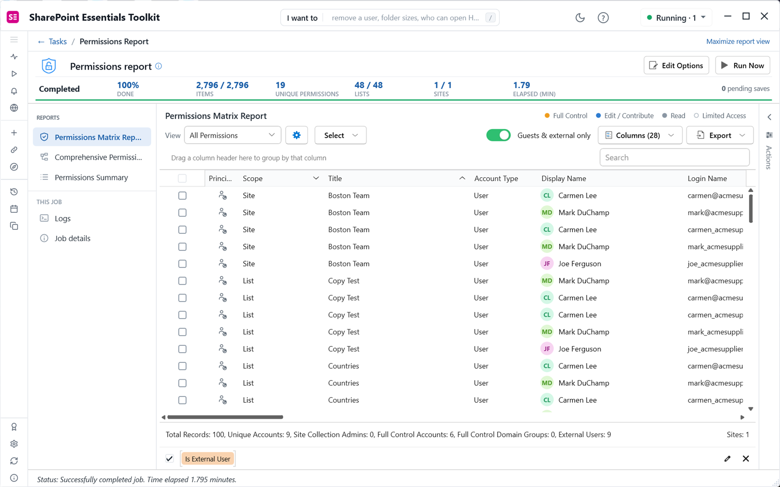 Permissions report filtered to guests and external users, showing 9 external accounts at site and list scope