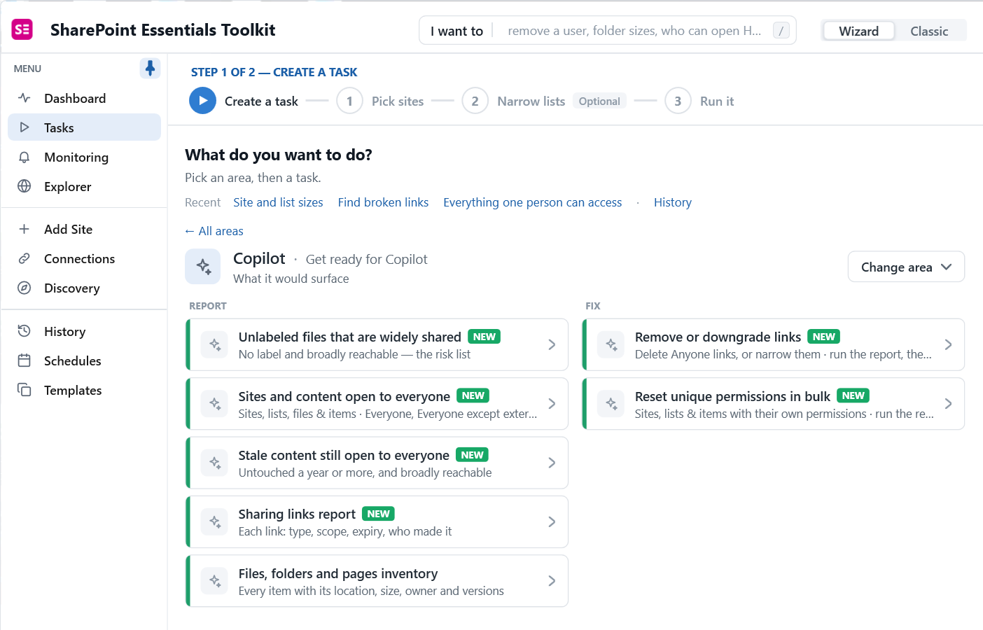 Copilot readiness tasks in SharePoint Essentials Toolkit: unlabeled widely shared files, content open to everyone, stale content and sharing links