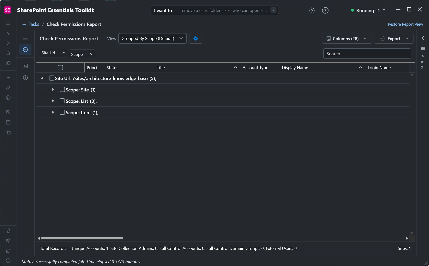 Check permissions report for one user grouped by scope: site 1, list 3, item 1