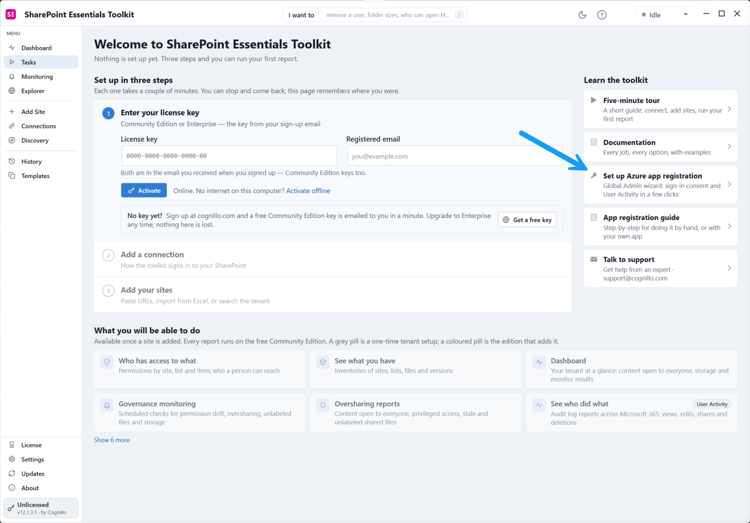 Home page with the Set up Azure app registration card highlighted