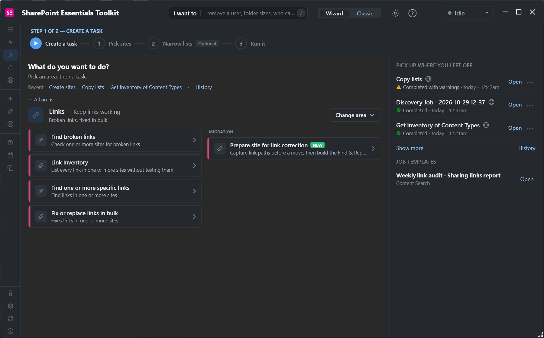 SharePoint Essentials Toolkit Links area: Find broken links, Link Inventory, Find one or more specific links, Fix or replace links in bulk, and Prepare site for link correction