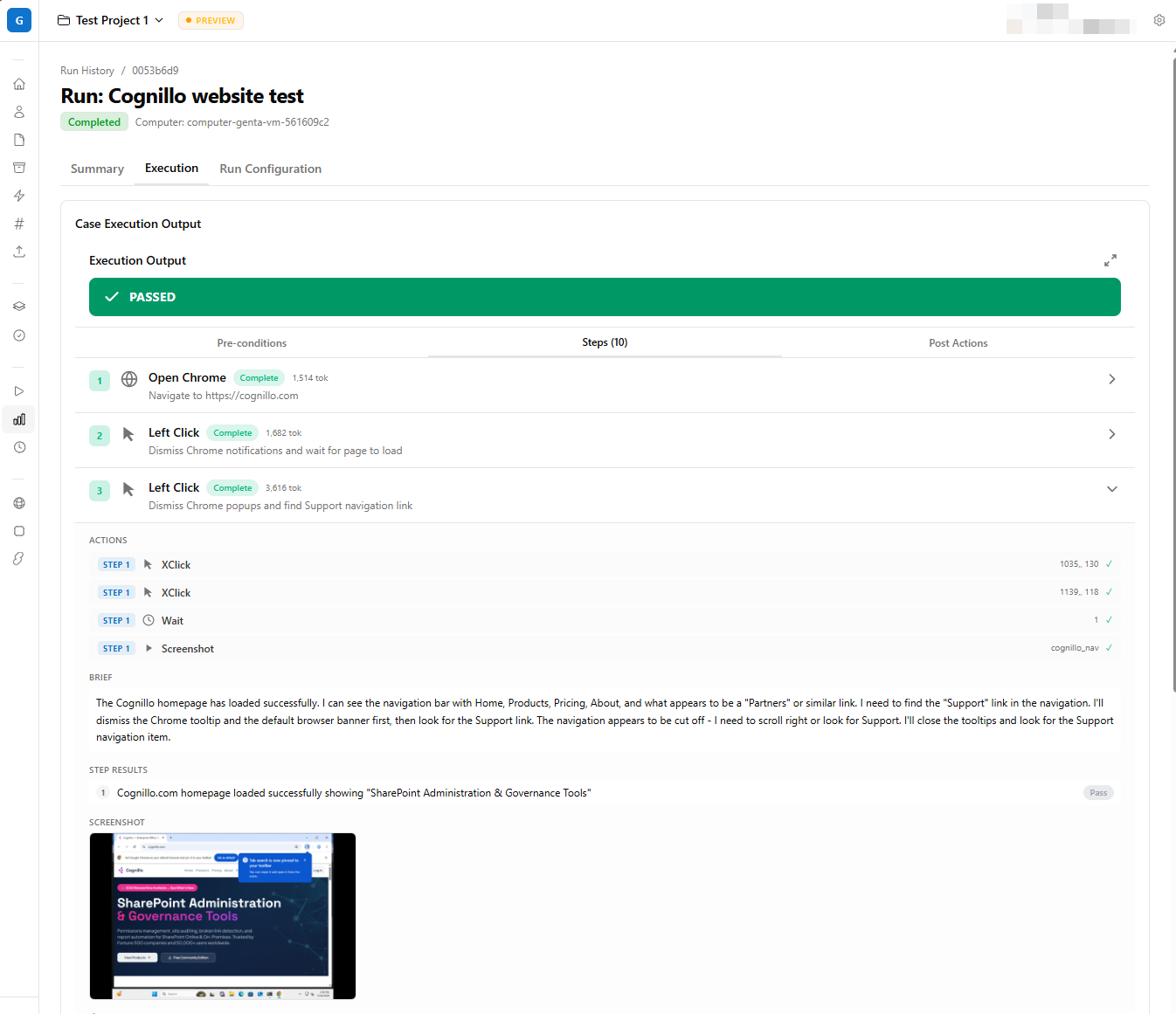 Genta test run showing step-by-step execution with screenshots and verifications