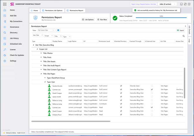 SharePoint Essentials Toolkit Permissions Report showing a permissions tree, users, permission levels, inheritance and granted-through details
