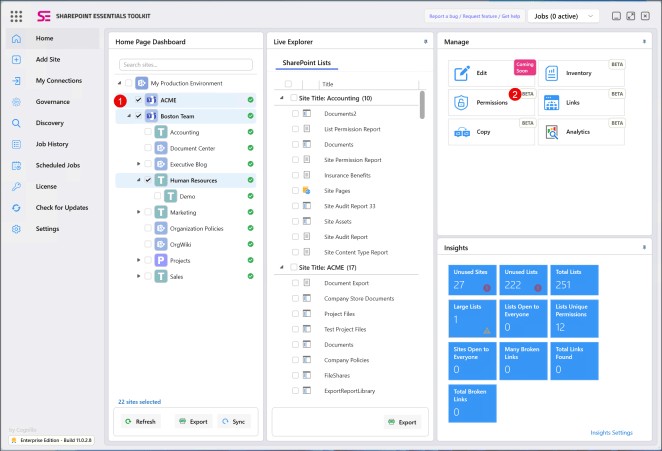 SharePoint Essentials Toolkit site selection screen for permission reports
