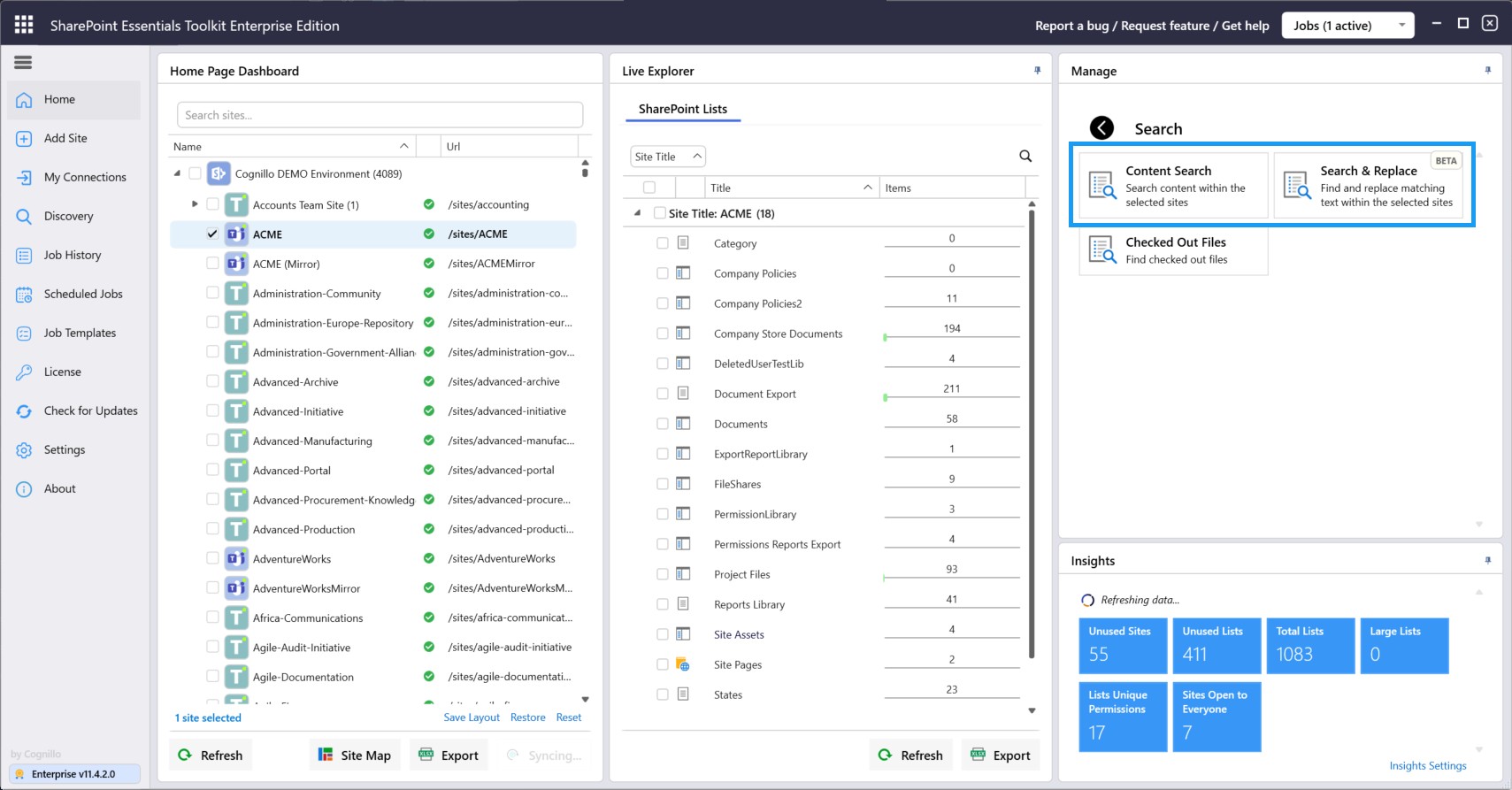 SharePoint Essentials Toolkit dashboard showing site inventory and navigation