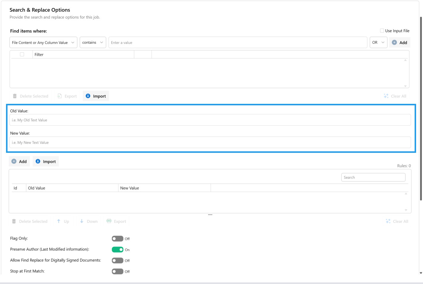 Search and replace configuration showing old value, new value, and advanced options