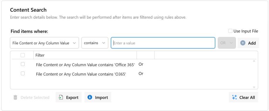 Content search report showing matched results across SharePoint sites with export options